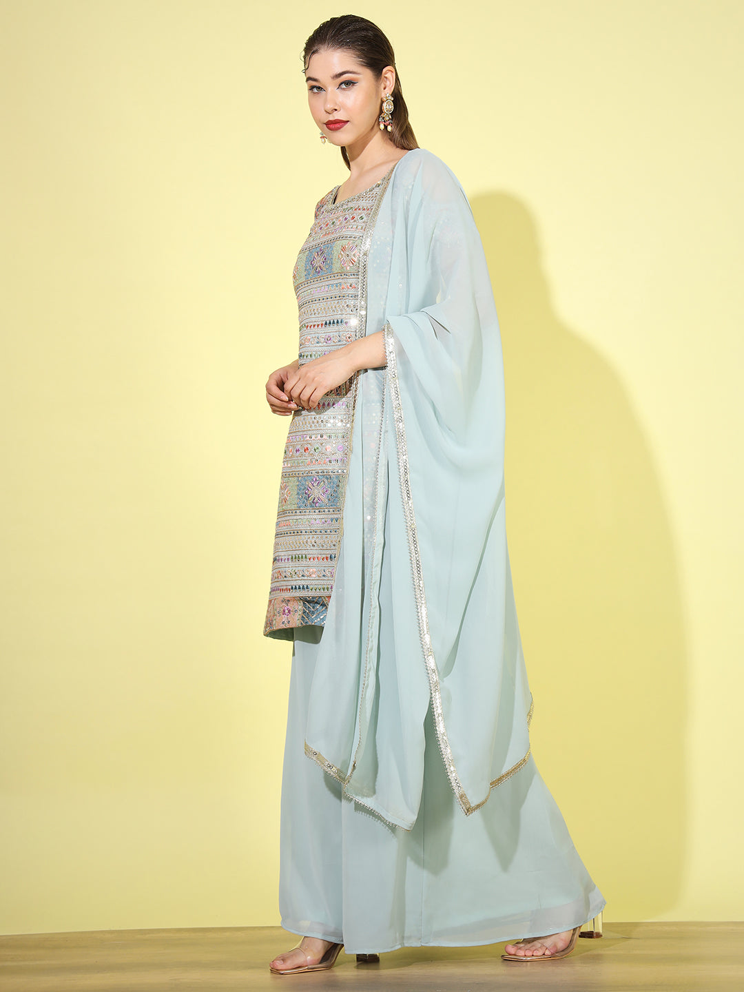 Sea Green Kurta Palazzo Suit Set with Multicolor Sequin Embroidery