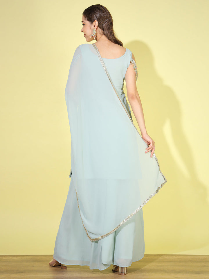 Sea Green Kurta Palazzo Suit Set with Multicolor Sequin Embroidery