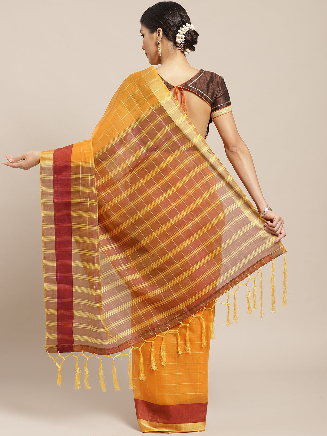 Banarasi Chanderi Checkered Saree with Contrast Brocade Blouse &Heavy Pallu with Tassels