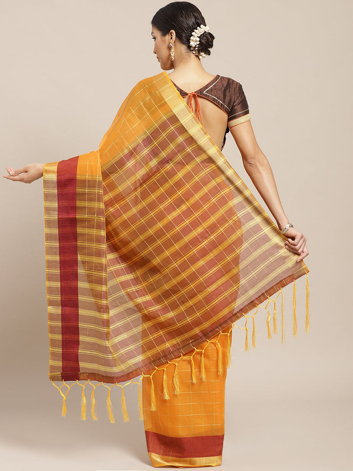 Banarasi Chanderi Checkered Saree with Contrast Brocade Blouse &Heavy Pallu with Tassels