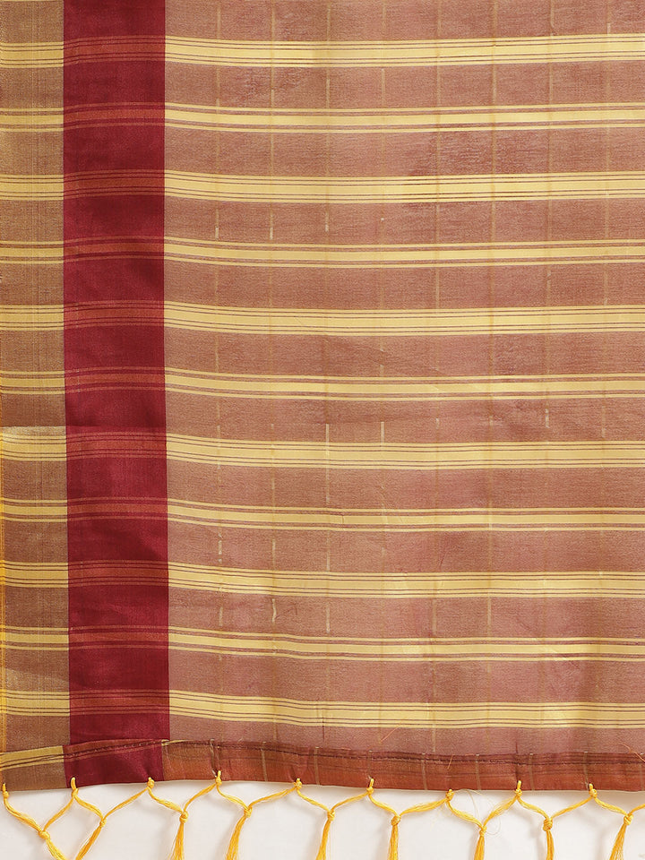 Banarasi Chanderi Checkered Saree with Contrast Brocade Blouse &Heavy Pallu with Tassels