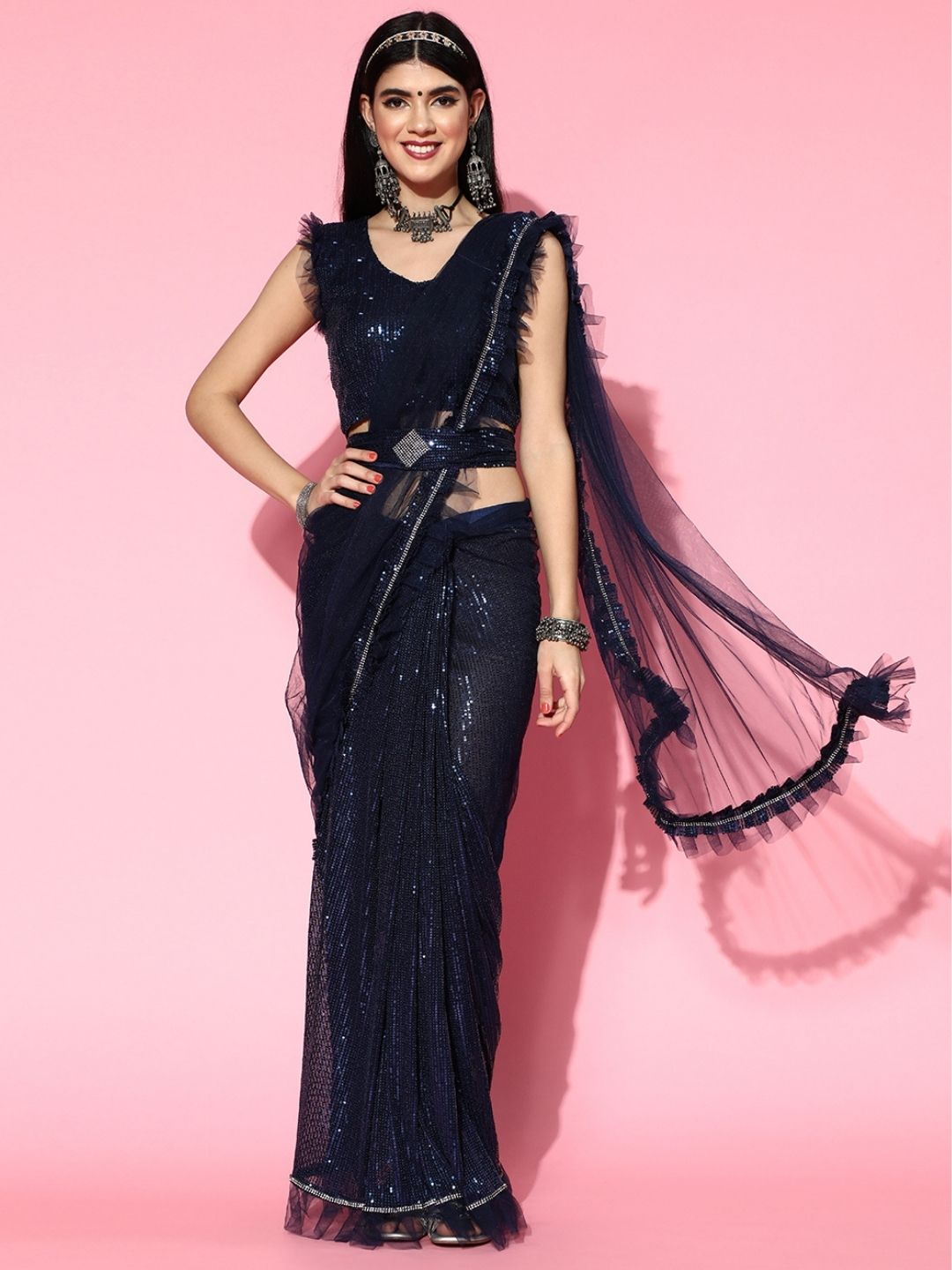 Pre-Draped Frills & Ruffles Sequence Belted Tulle Saree with Pleats
