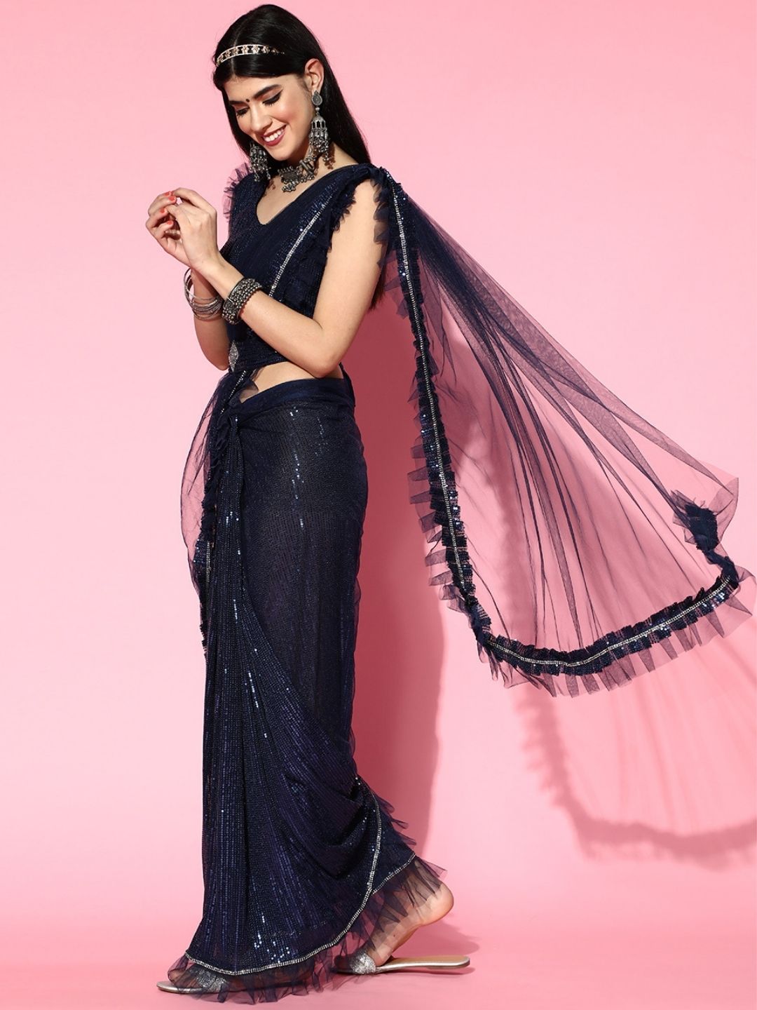 Pre-Draped Frills & Ruffles Sequence Belted Tulle Saree with Pleats