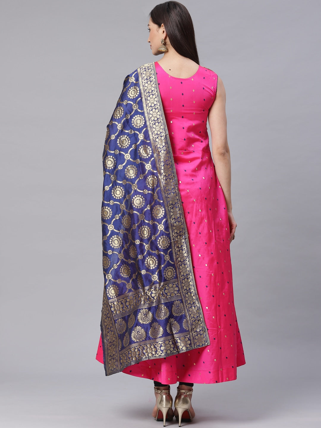 Made to Measure Bright Pink Woven Anarkali Set with Contrast Banarasi Dupatta