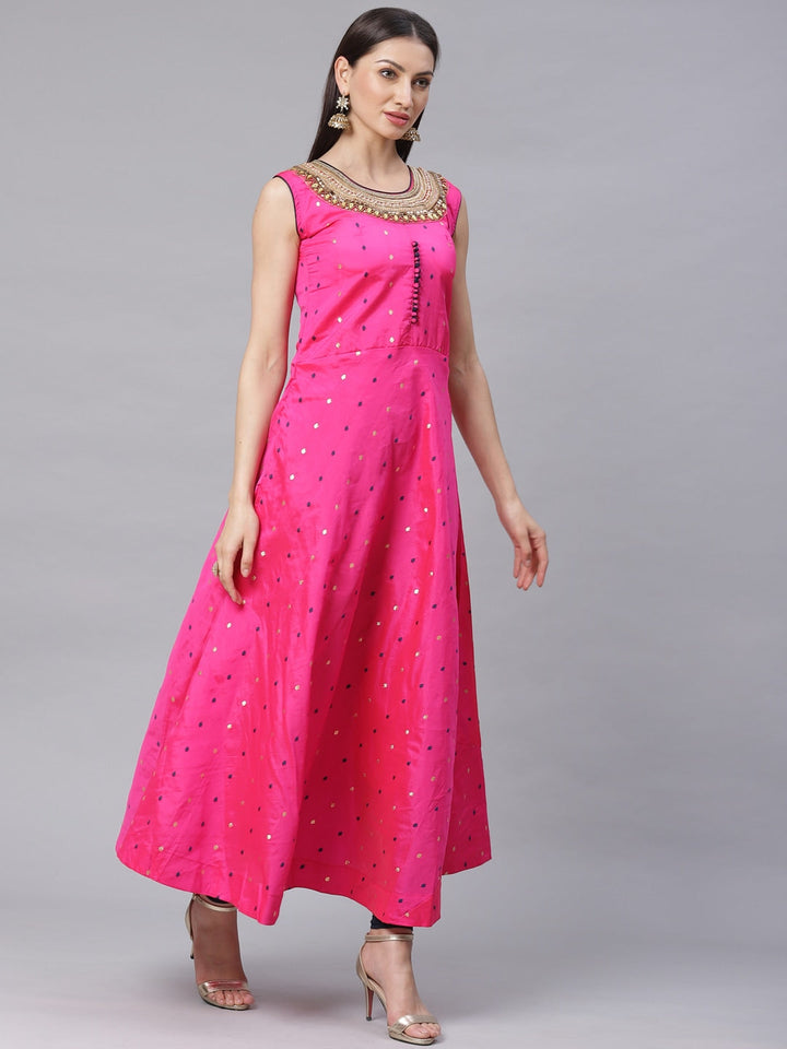 Made to Measure Bright Pink Woven Anarkali Set with Contrast Banarasi Dupatta