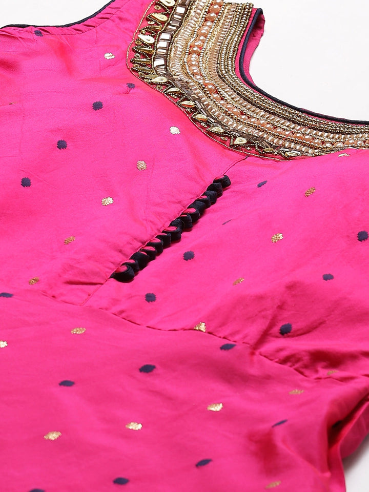 Made to Measure Bright Pink Woven Anarkali Set with Contrast Banarasi Dupatta