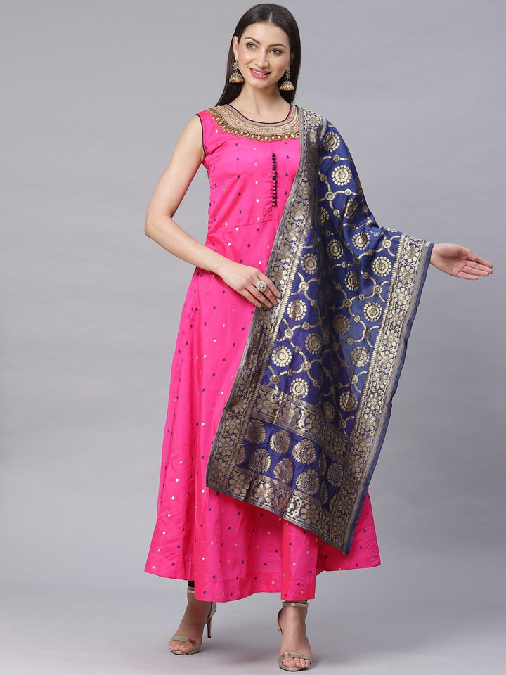 Made to Measure Bright Pink Woven Anarkali Set with Contrast Banarasi Dupatta