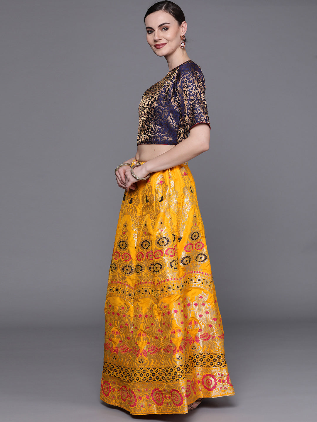 Banarasi Semi-stitched Lehenga Set with Peacock Motifs