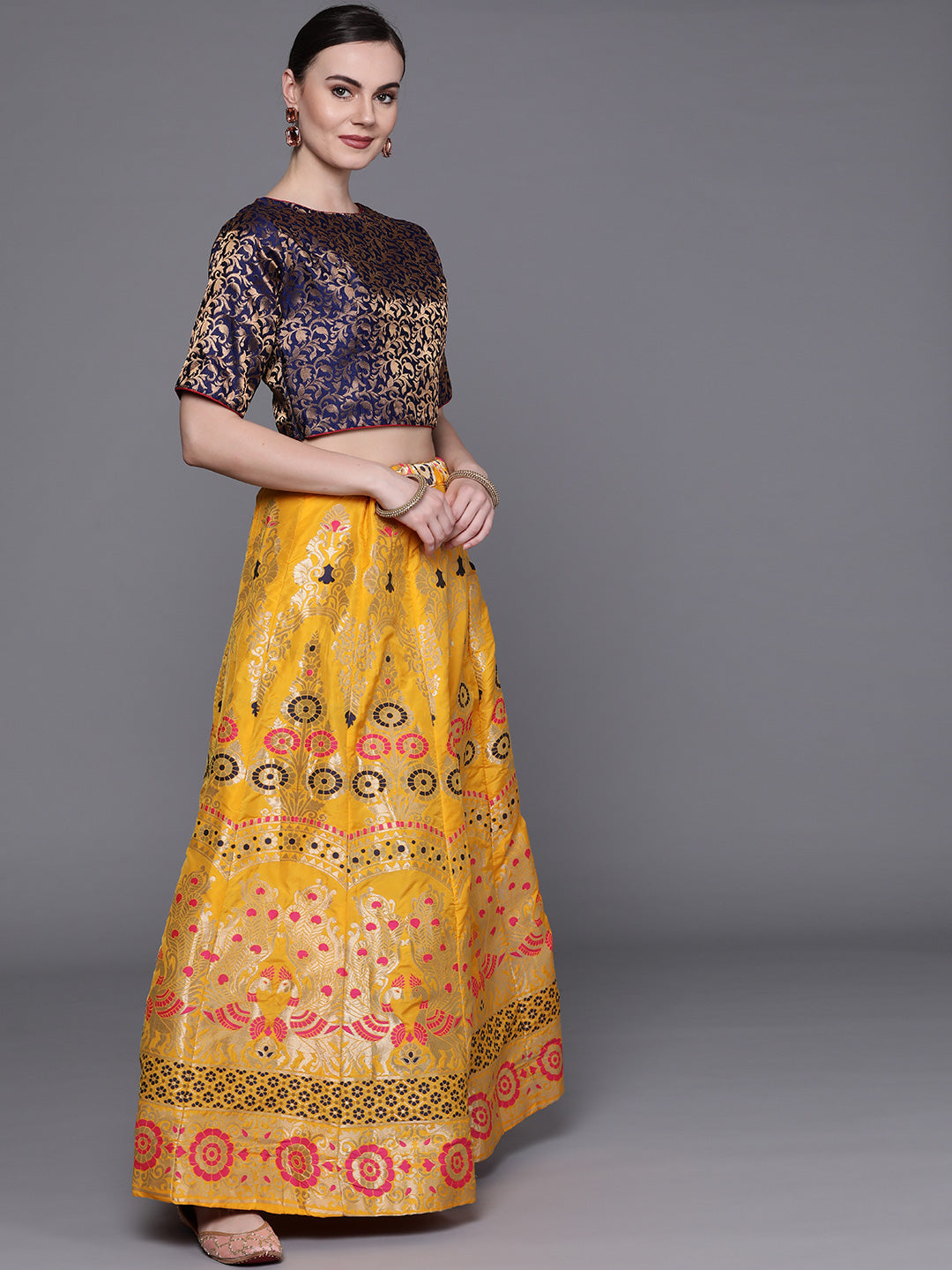 Banarasi Semi-stitched Lehenga Set with Peacock Motifs