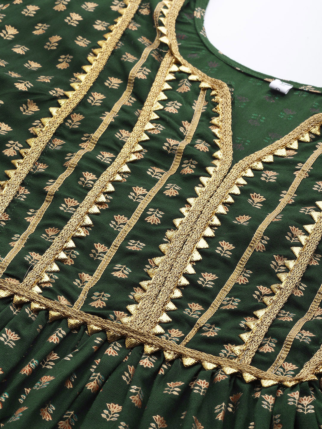 Made to Measure Bottle Green Foil Print Dress with Floral motifs & Gota Patti Neckline