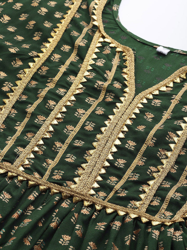 Made to Measure Bottle Green Foil Print Dress with Floral motifs & Gota Patti Neckline