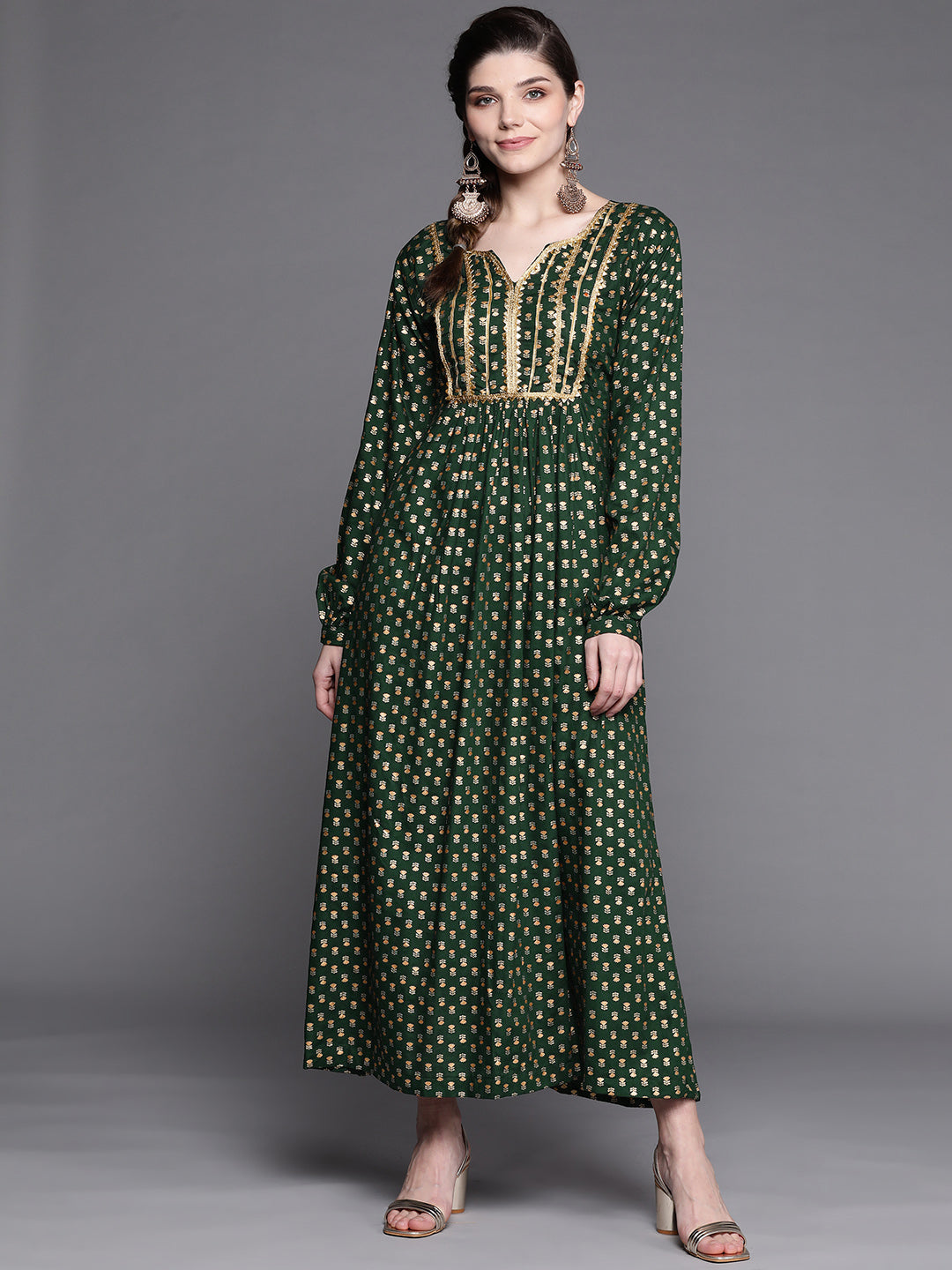 Made to Measure Bottle Green Foil Print Dress with Floral motifs & Gota Patti Neckline