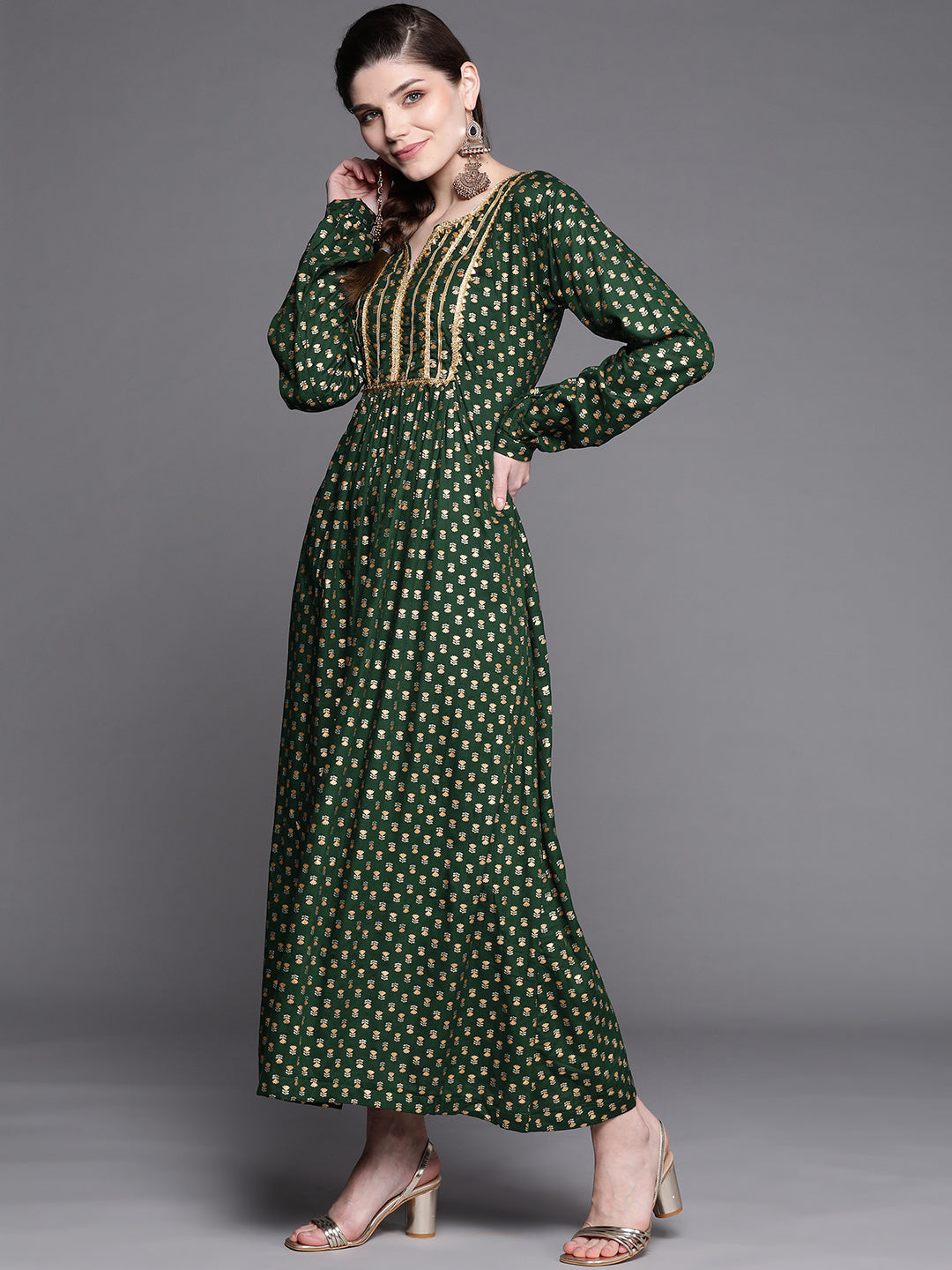 Made to Measure Bottle Green Foil Print Dress with Floral motifs & Gota Patti Neckline