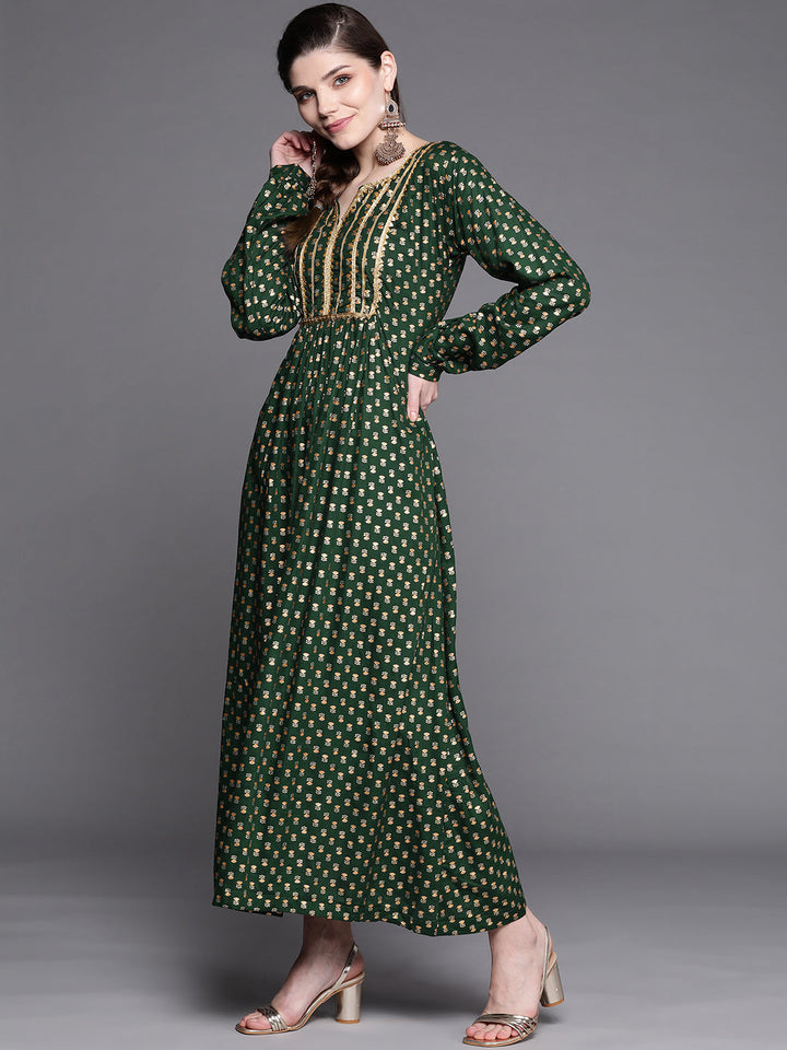 Made to Measure Bottle Green Foil Print Dress with Floral motifs & Gota Patti Neckline