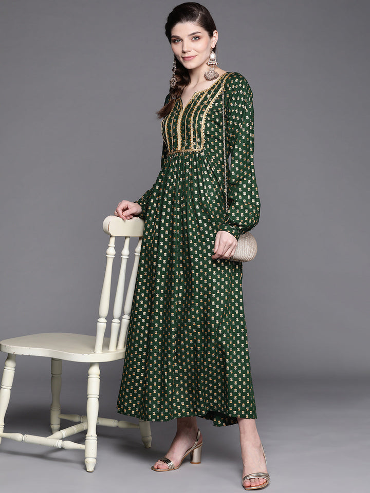 Made to Measure Bottle Green Foil Print Dress with Floral motifs & Gota Patti Neckline