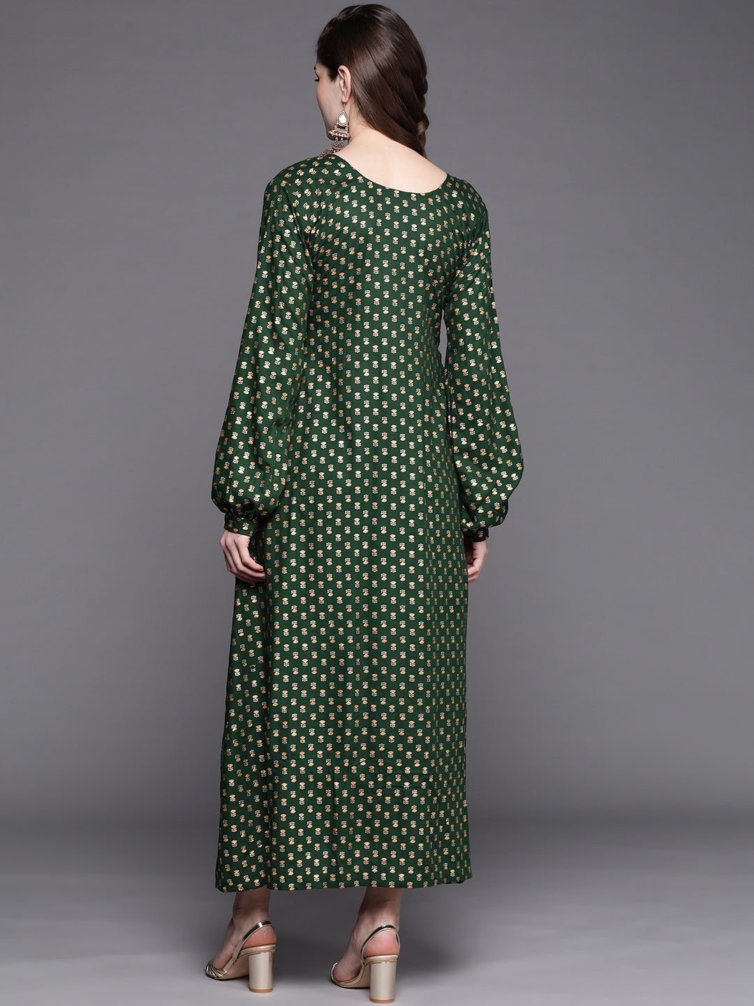 Made to Measure Bottle Green Foil Print Dress with Floral motifs & Gota Patti Neckline