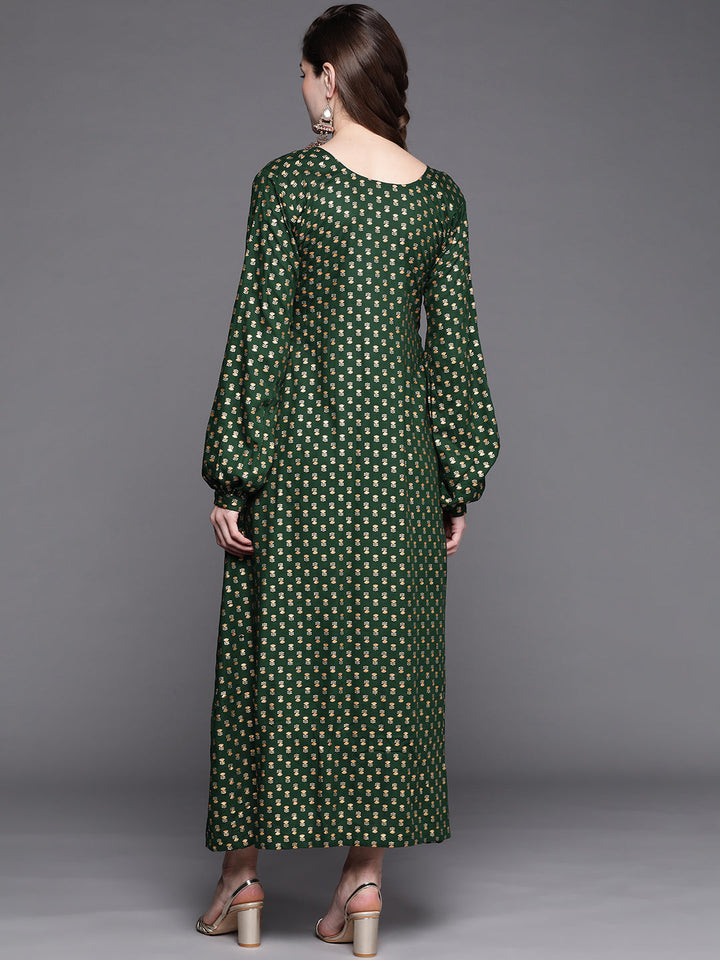 Made to Measure Bottle Green Foil Print Dress with Floral motifs & Gota Patti Neckline
