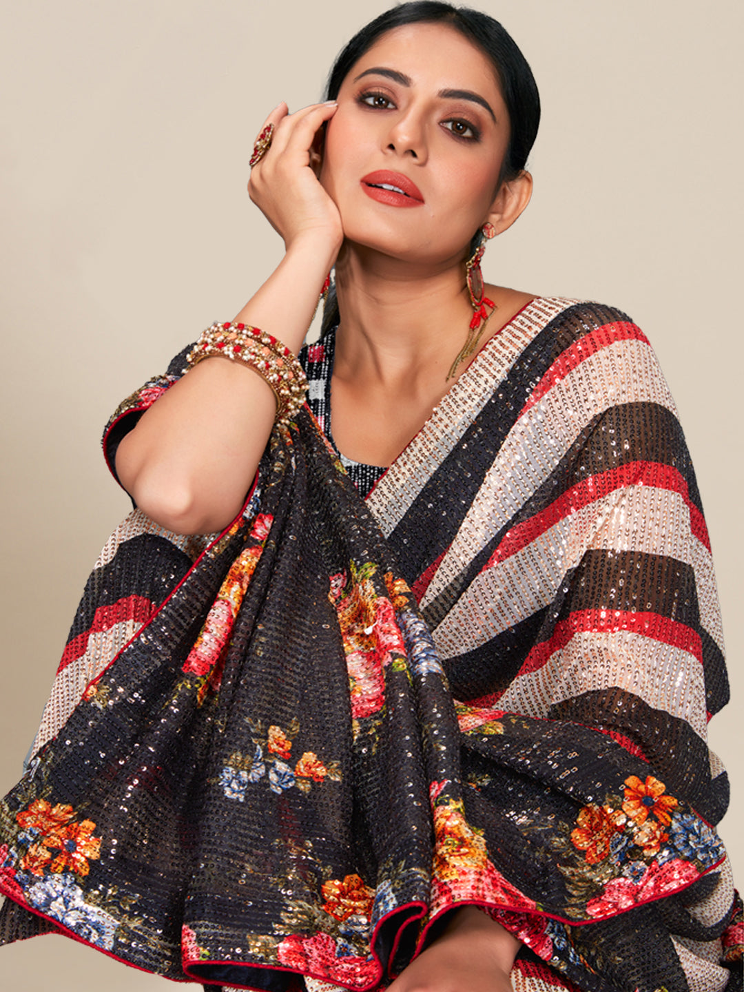 Multi Striped & Floral Digital Print Saree With Sequence Embroidery