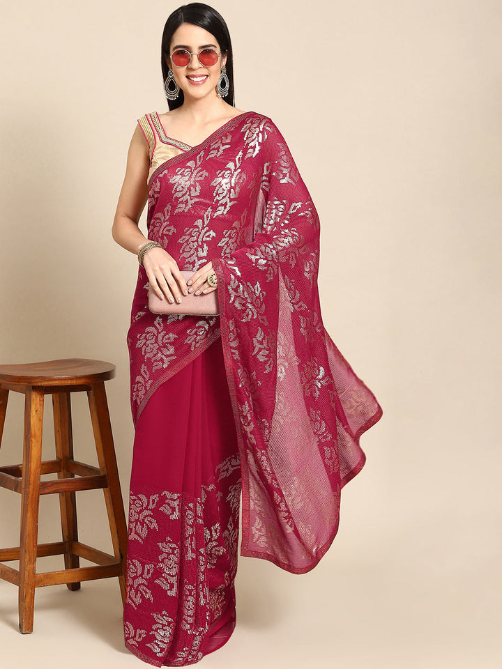 Pinkish Red Bling Cocktail Sequin Embellished Georgette Saree
