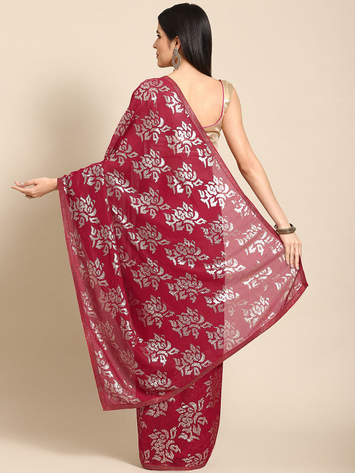 Pinkish Red Bling Cocktail Sequin Embellished Georgette Saree
