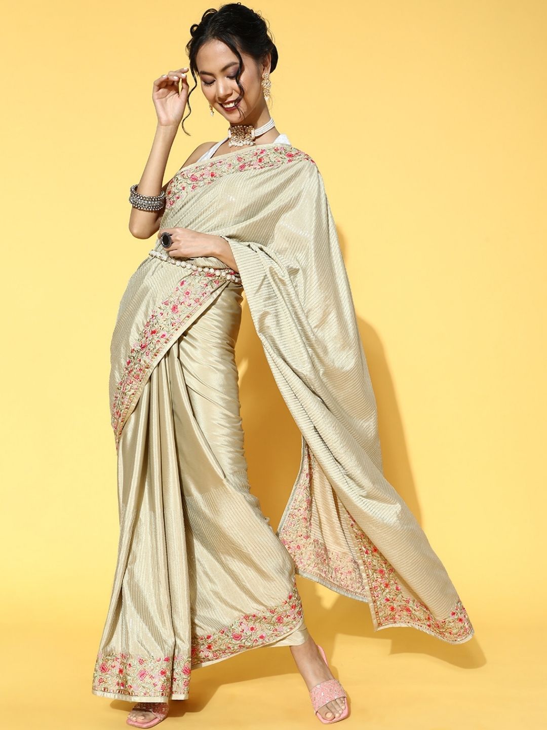 Olive Green Crepe Sequin Embellish Saree with Resham Parsi Embroidery