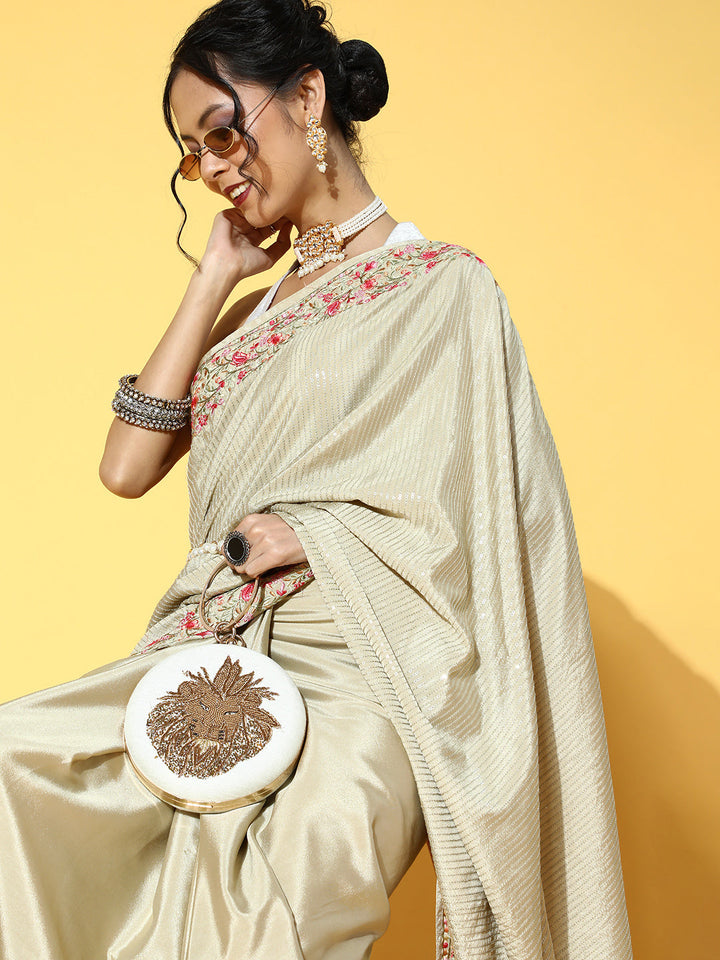 Olive Green Crepe Sequin Embellish Saree with Resham Parsi Embroidery