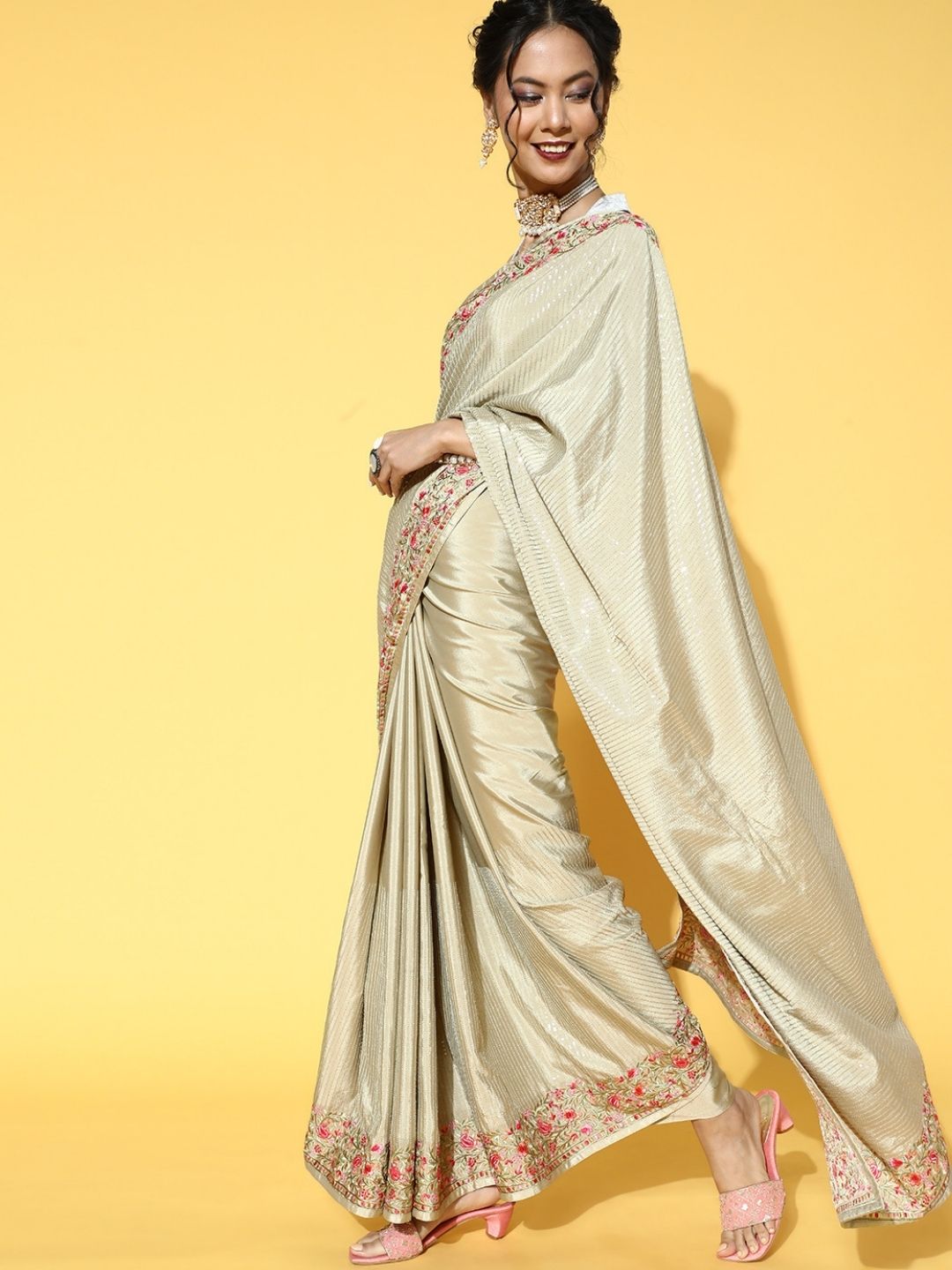 Olive Green Crepe Sequin Embellish Saree with Resham Parsi Embroidery