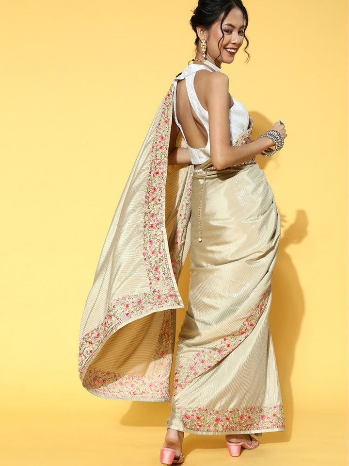 Olive Green Crepe Sequin Embellish Saree with Resham Parsi Embroidery