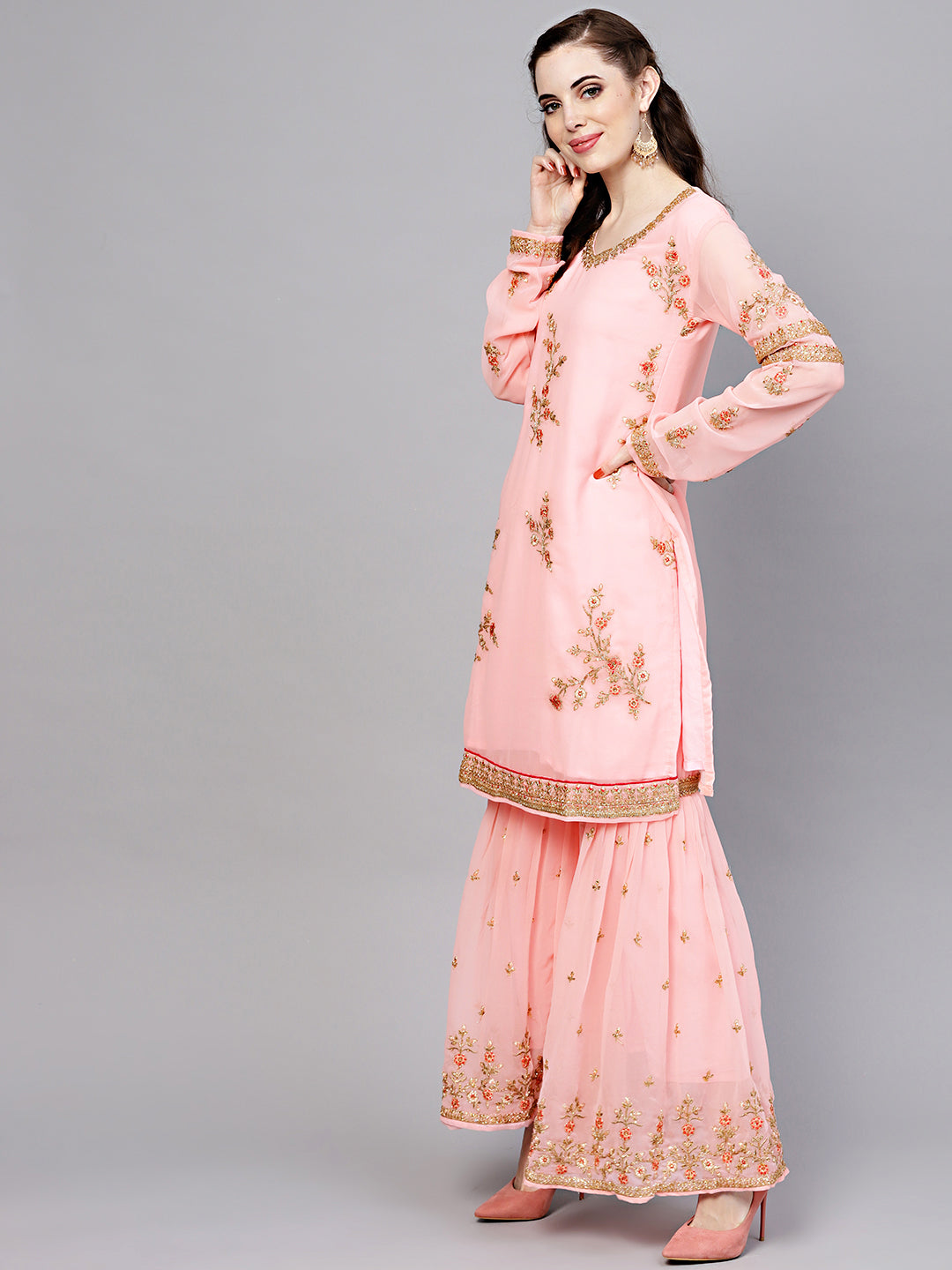 Made-to-Measure Embellished Georgette Kurta Sharara Set with Resham Zari Embroidery