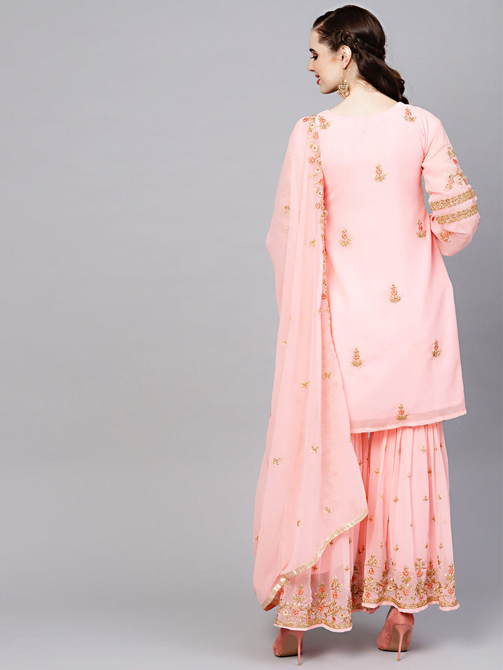Made-to-Measure Embellished Georgette Kurta Sharara Set with Resham Zari Embroidery