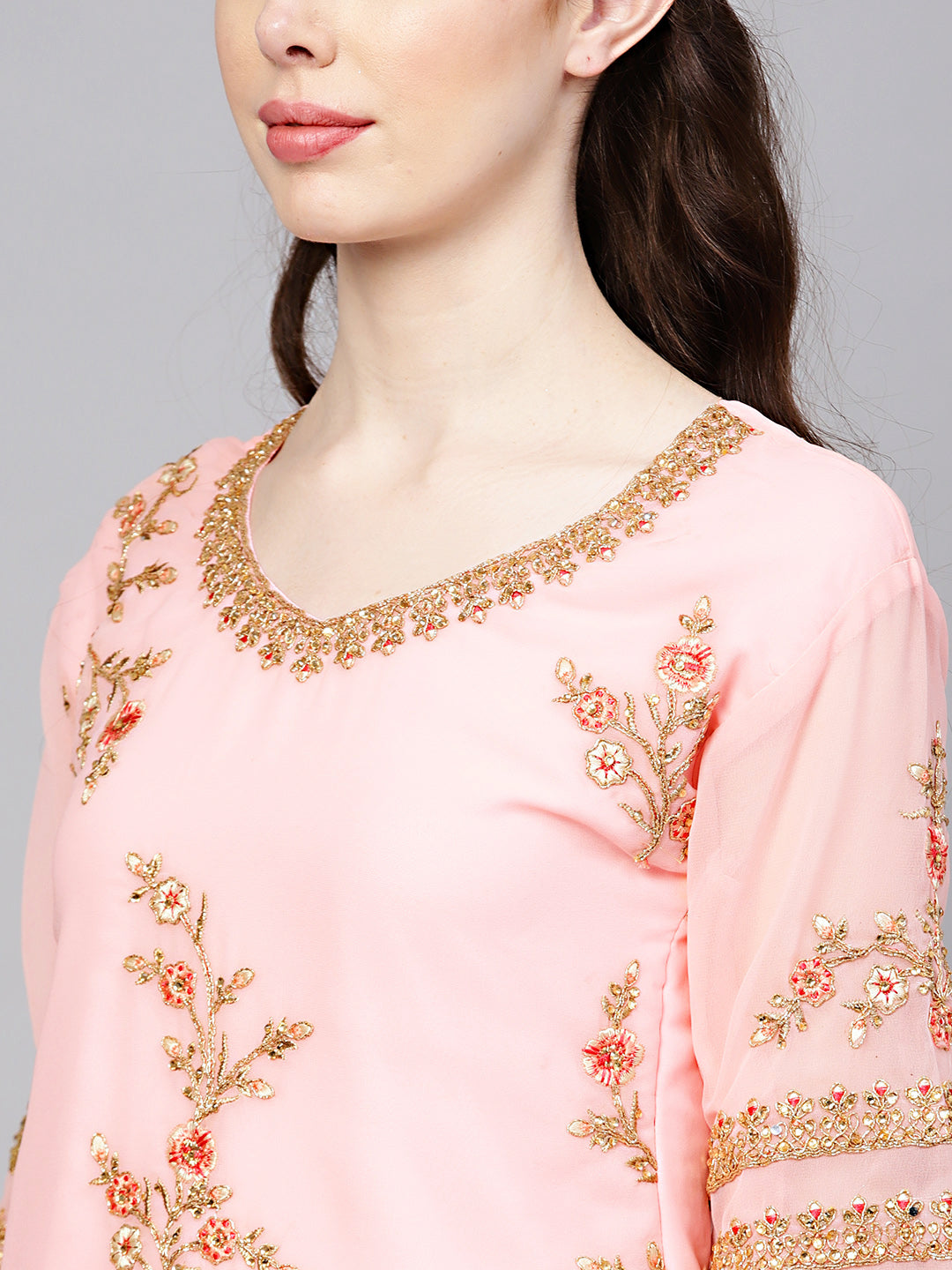 Made-to-Measure Embellished Georgette Kurta Sharara Set with Resham Zari Embroidery