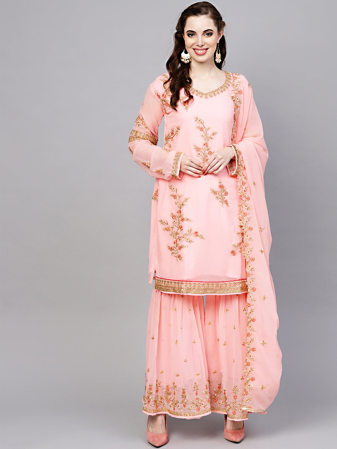 Made-to-Measure Embellished Georgette Kurta Sharara Set with Resham Zari Embroidery