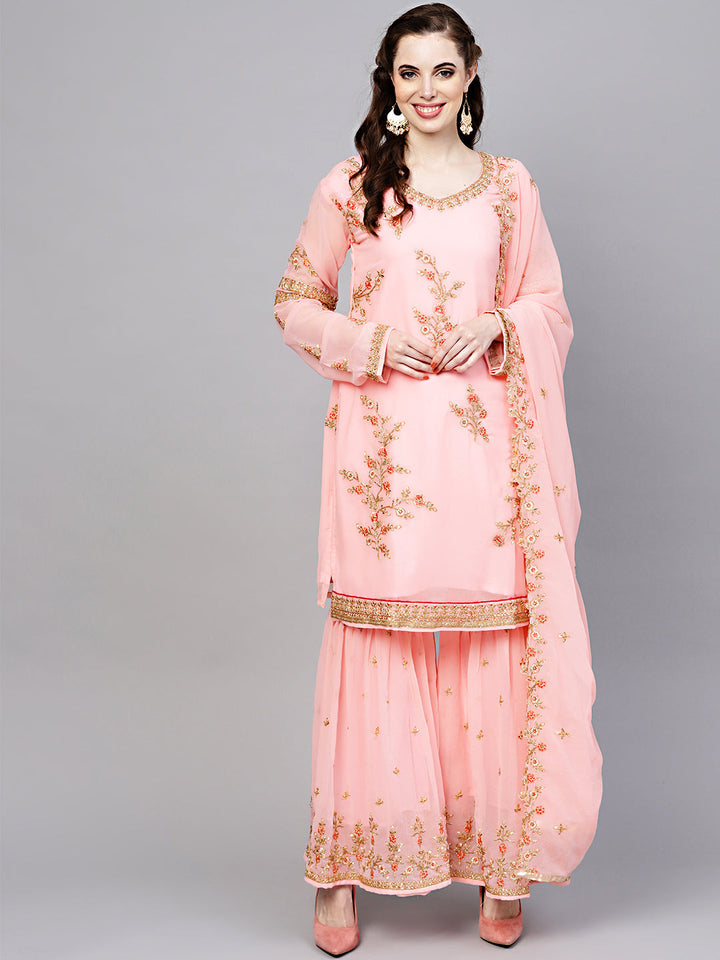 Made-to-Measure Embellished Georgette Kurta Sharara Set with Resham Zari Embroidery
