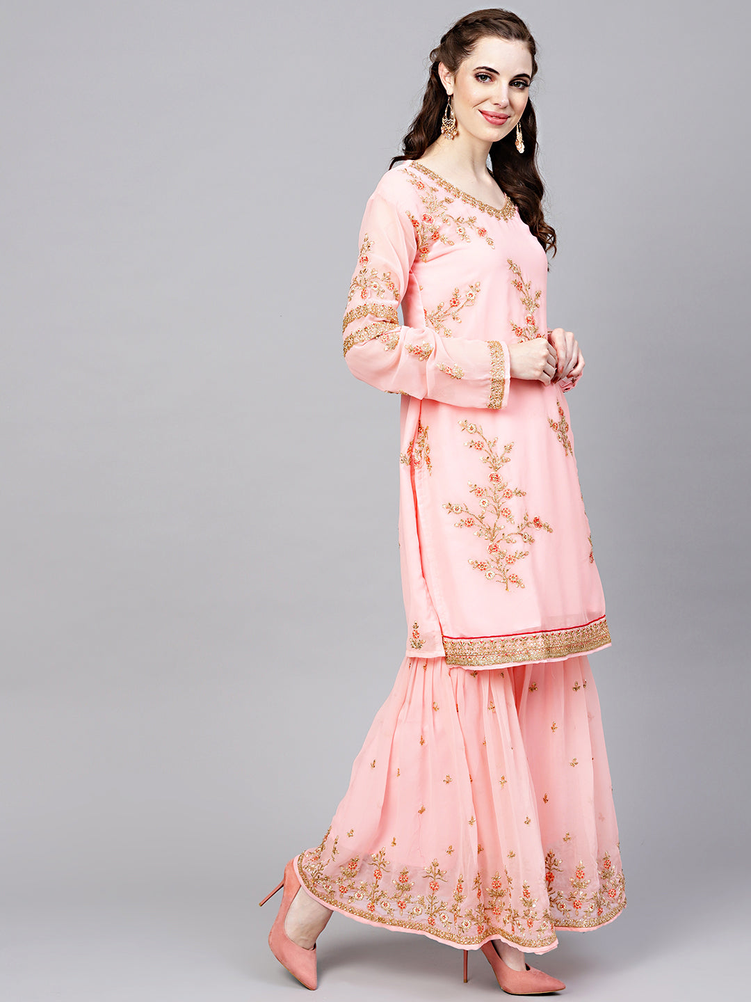 Made-to-Measure Embellished Georgette Kurta Sharara Set with Resham Zari Embroidery