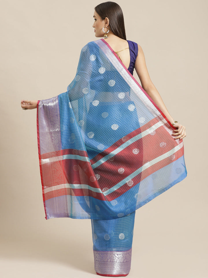 Chanderi Silk Kota saree with striped Zari weaving, Paisley motifs & Contrast Border