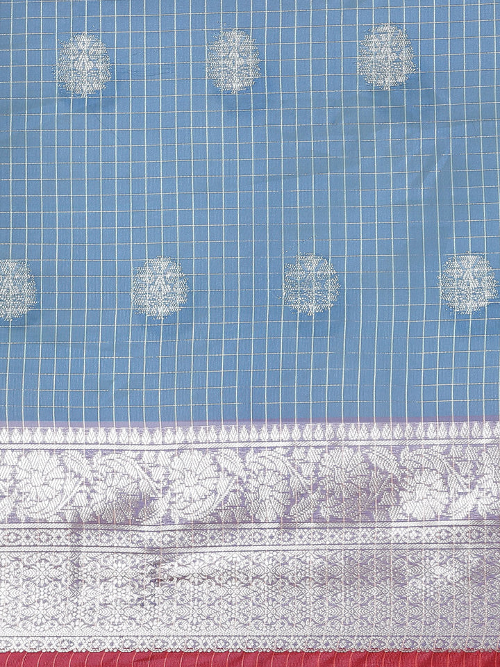 Chanderi Silk Kota saree with striped Zari weaving, Paisley motifs & Contrast Border