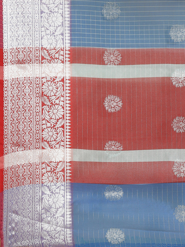 Chanderi Silk Kota saree with striped Zari weaving, Paisley motifs & Contrast Border
