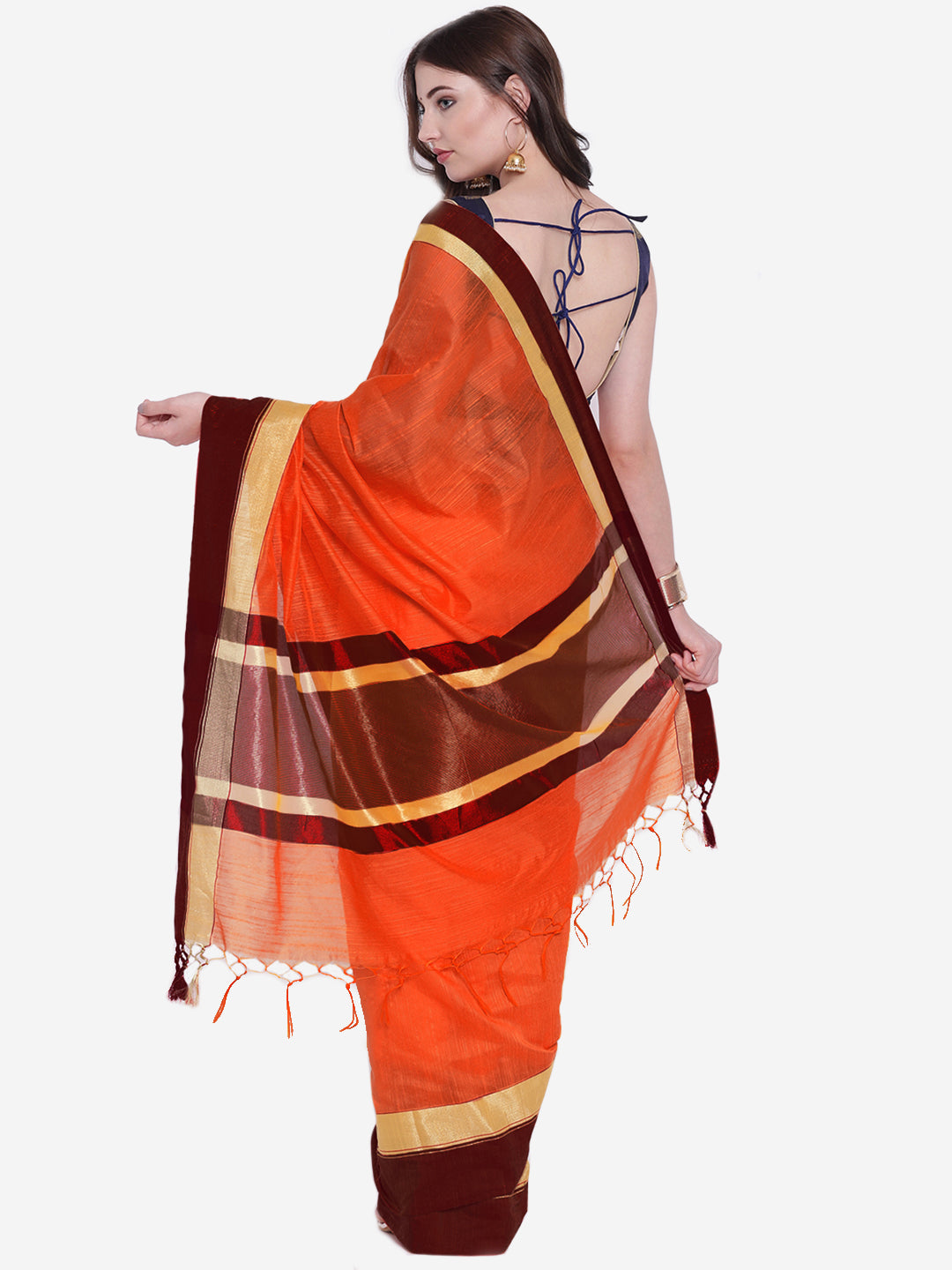 Orange Handloom Cotton Silk Saree with Contrast Gold Red Border and Tasseled edges