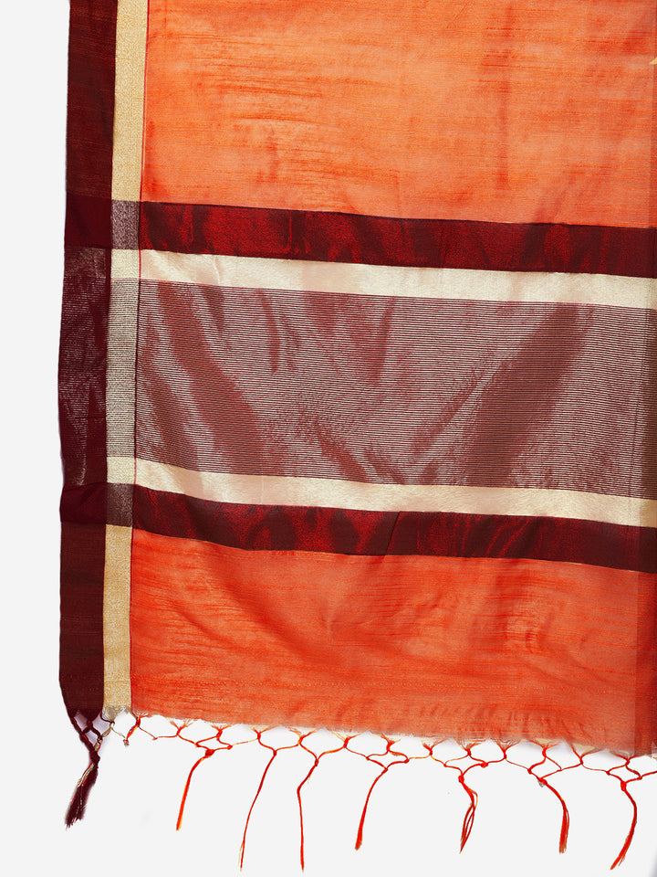 Orange Handloom Cotton Silk Saree with Contrast Gold Red Border and Tasseled edges