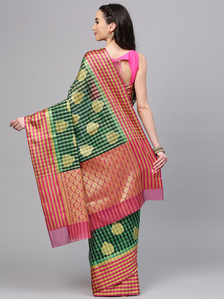 Green PInk Chanderi Silk saree with checkered print and Zari handloom motifs
