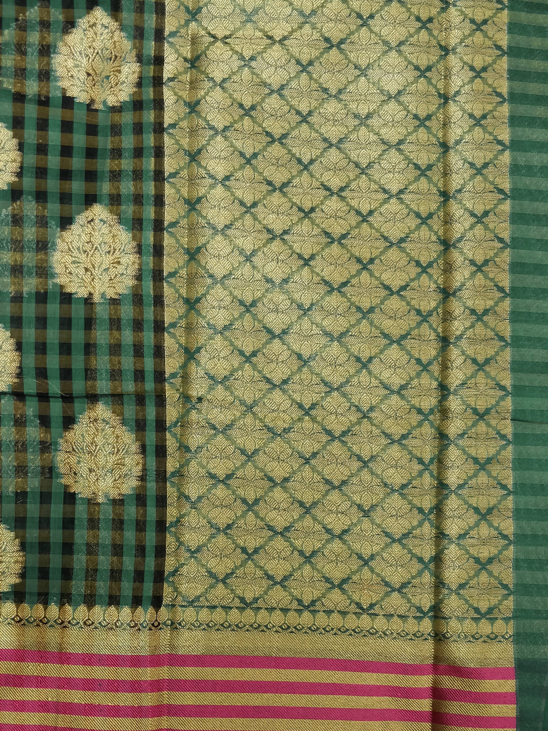 Green PInk Chanderi Silk saree with checkered print and Zari handloom motifs
