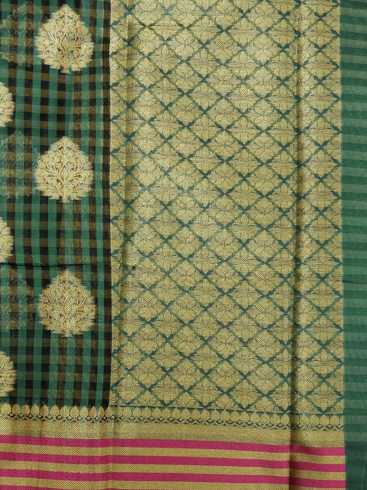 Green PInk Chanderi Silk saree with checkered print and Zari handloom motifs