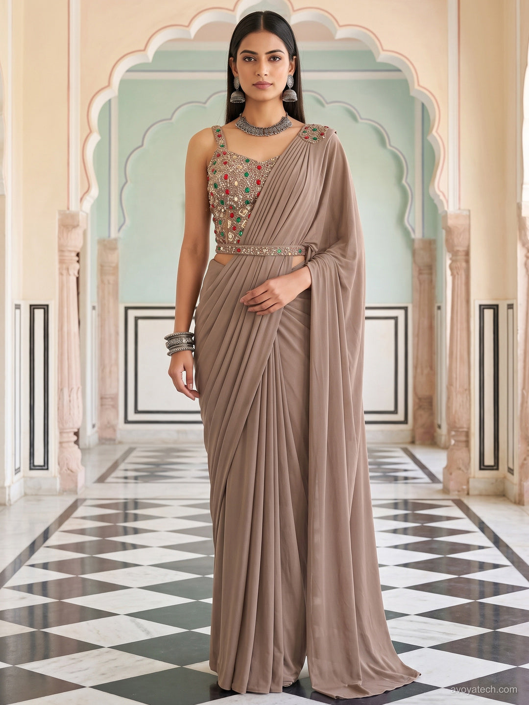 Beige Pre-Draped Saree with Heavy Multicolor Stone Embellished Blouse