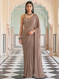 Beige Pre-Draped Saree with Heavy Multicolor Stone Embellished Blouse