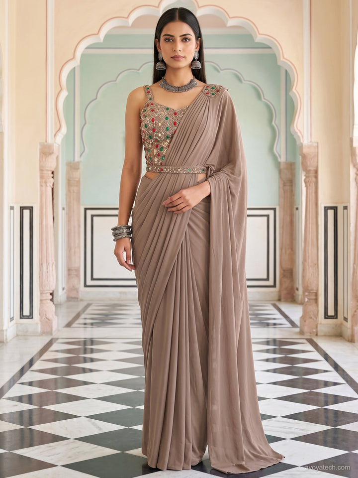 Beige Pre-Draped Saree with Heavy Multicolor Stone Embellished Blouse