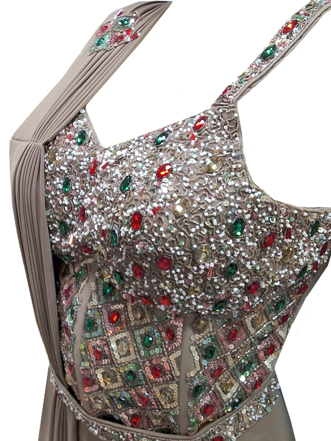 Beige Pre-Draped Saree with Heavy Multicolor Stone Embellished Blouse