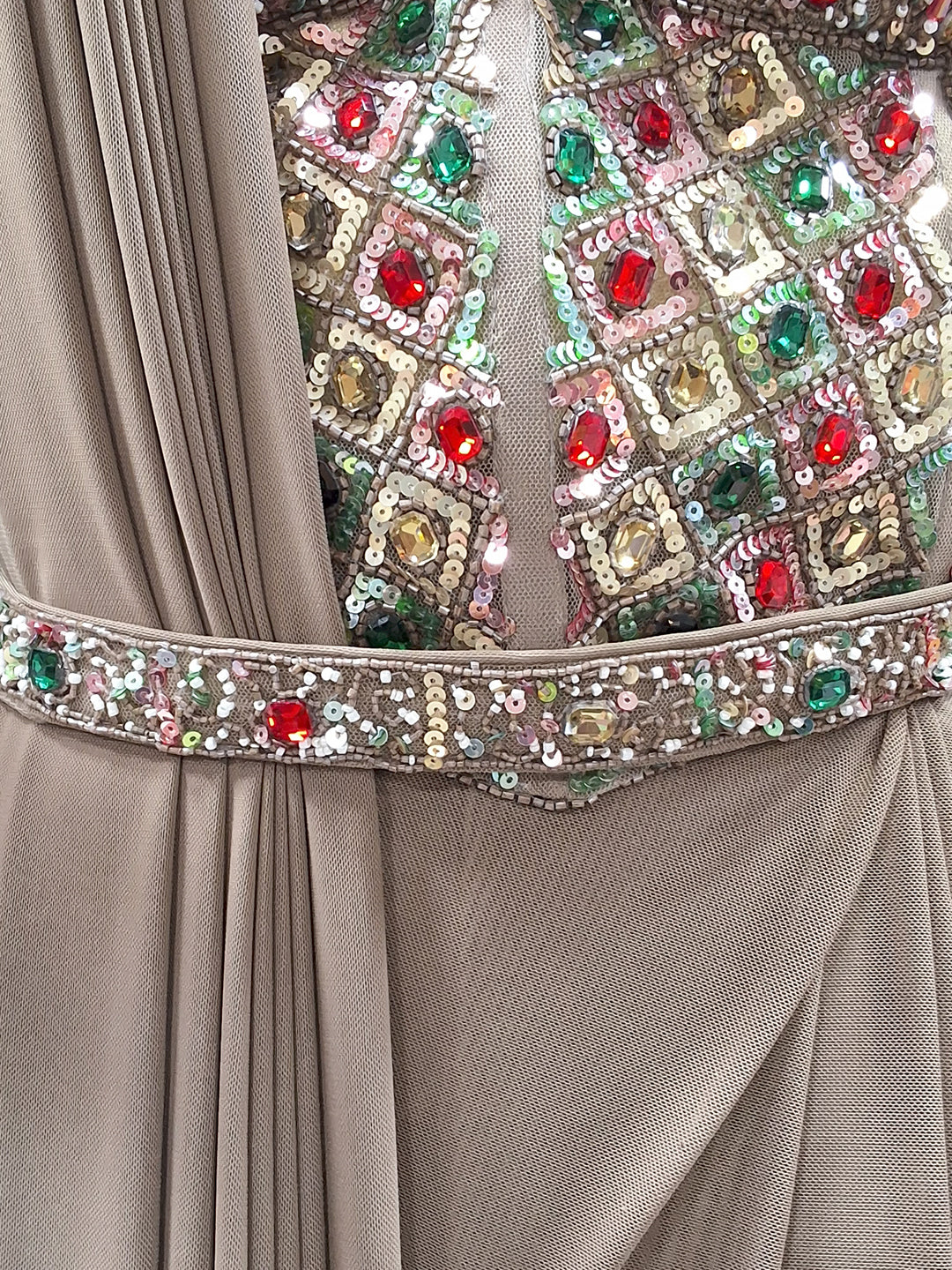 Beige Pre-Draped Saree with Heavy Multicolor Stone Embellished Blouse