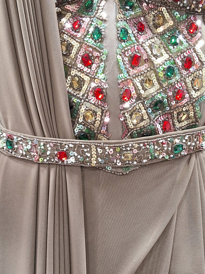 Beige Pre-Draped Saree with Heavy Multicolor Stone Embellished Blouse