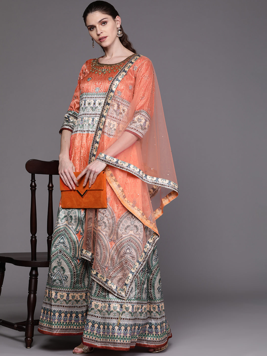 Embellished Gown and Dupatta with Bohemian Tribal Inspired print