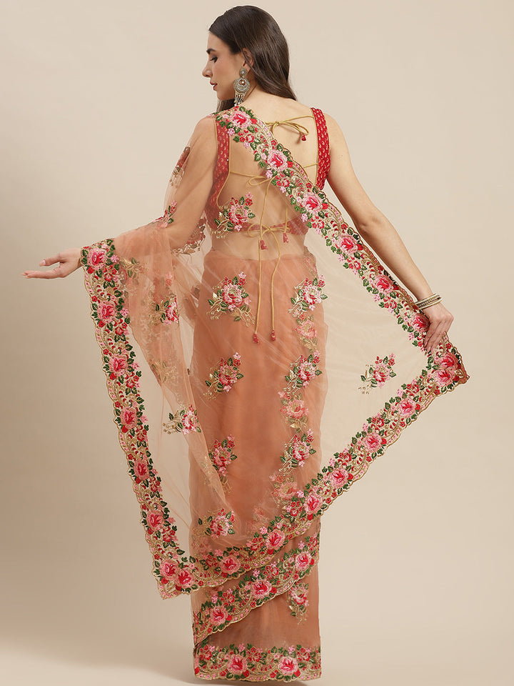 Net Floral Zari & Resham Embroidered Saree Embellished With Stone Work